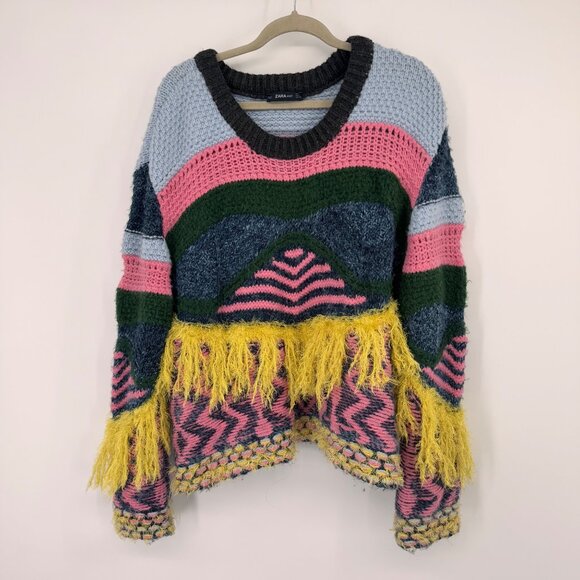 Zara Knit Colorful Fringed Sweater Multicolor Womens Size Large - Picture 9 of 14